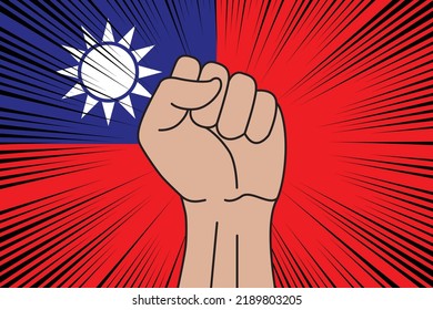 Human fist clenched symbol on flag of Taiwan background. Power and strength logo