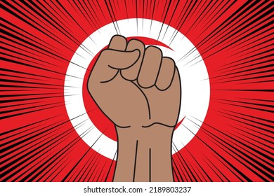 Human fist clenched symbol on flag of Tunisia background. Power and strength logo
