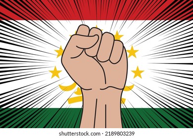 Human fist clenched symbol on flag of Tajikistan background. Power and strength logo