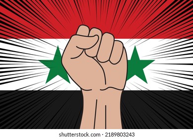 Human fist clenched symbol on flag of Syria background. Power and strength logo