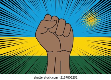 Human fist clenched symbol on flag of Rwanda background. Power and strength logo