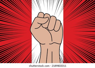 Human fist clenched symbol on flag of Peru background. Power and strength logo