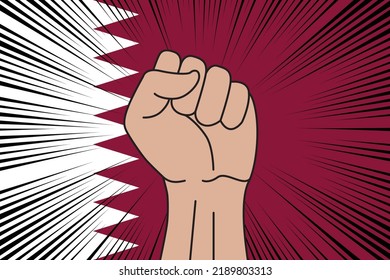 Human fist clenched symbol on flag of Qatar background. Power and strength logo