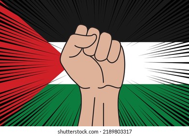 Human fist clenched symbol on flag of Palestine background. Power and strength logo