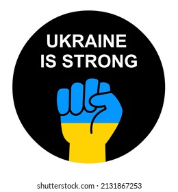 Human fist in the colors of the flag of Ukraine on a black background. The concept of resistance. Stop the war between Russia and Ukraine. Solidarity with Ukraine. Pray for Ukraine. Isolated icon. 