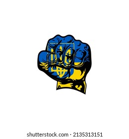 Human fist graphics in Ukraine flag colours with text. Concept of resistance. Stop war between Russia and Ukraine. Creative concept. Pray for Ukraine.