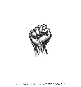 Human fist held upwards in protest ink drawing with black and white strength resistance clenched struggle activism illustration monochrome