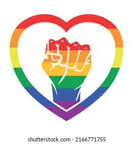 Human fist inside a heart shaped frame. Rainbow colors. Lgbt concept.