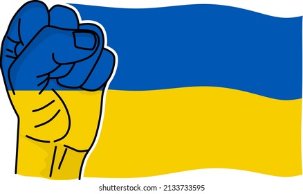 Human fist on the background of the flag of Ukraine. The concept of resistance. Stop the war between Russia and Ukraine. Creative concept of the Flag of Ukraine. Solidarity with Ukraine.