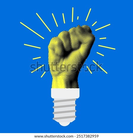 Human fist in the shape of a light bulb. Halftone hand glows like a light bulb. Modern collage. Leadership, idea concept.  Strong leader. Creative illustration with cut out newspaper elements