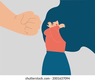 A human fist threatens a woman. strong young girl says no to abuse and protects herself. Gender equality, domestic violence, school bullying, protest against aggressively concept. Vector illustration