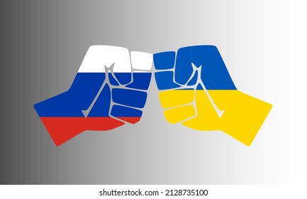 Human fists graphics in Ukraine and Russia flag colours. Concept of resistance. Stop war between Russia and Ukraine. Creative concept.