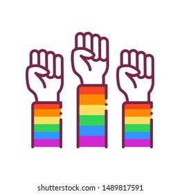 Human fists LGBT protest color color line icon. Lesbian, Gay, Bisexual, Transgender. Rainbow power concept.  Pride, rights and tolerance. Sign for web page, mobile app, social media, logo.  