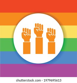 Human fists LGBT protest color glyph icon. Lesbian, Gay, Bisexual, Transgender. Rainbow power concept.  Pride, rights and tolerance. Sign for web page, mobile app, social media, logo.  