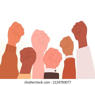 Human fists raised up high with power, fighting against discrimination. Strong hands struggling for democracy, rights at revolution, strike, riot. Flat vector illustration isolated on white background