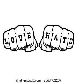 Human fists with tattoo love hate . Design element for logo, label, sign. Vector illustration