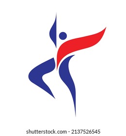 Human fitness concept logo design. Champion sport icon. Abstract active human graphic sign. Positive optimism symbol. Expression dance icon. Wellness happiness sign. Vector illustration.