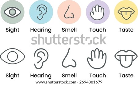 Human five senses icon set. Vector illustration of sight eye, smell nose, hearing ear, touch hand, taste mouth with tongue