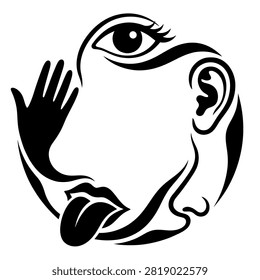 Human five senses set including sight hearing smell taste and touch. A minimalist black and white circular composition representing the five human senses through stylized anatomy icons. Ideal for healthcare posters or educational biology infographics.