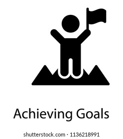Human with flag reached to a top hill, meaningful icon for achieving goals 