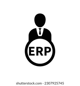 Human flat icon with word ERP Enterprise Resource Planning. Erp text icon, enterprise, system, abbreviation, application, corporate business process management software, communication, concept