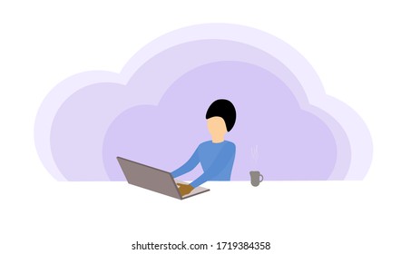 Human flat vector icon sitting and using computer notebook on the table at home, work from home concept, flat vector isolated on background for mobile and computer web graphic design