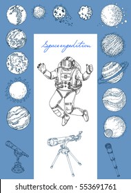 human flight into space, cosmonaut, astronaut, telescope, set of planets and asteroids, illustration style engravings