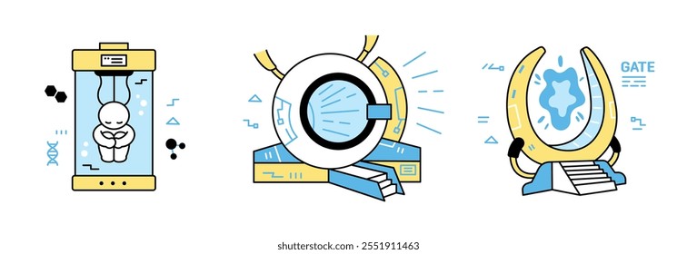 humano flotando en un contenedor de líquidos de ciencia ficción, dispositivos de transporte cuánticos. o esbozar la Ilustración vectorial simple.