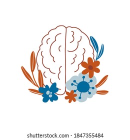 Human floral brain. Line art poster, card. Floral anatomy. Hand drawn organ with flowers, leaves. Illustration for medicine, health care, psychology, psychotherapy, mental health. Outline vector