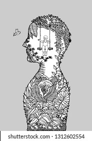 Human flower head child on swing inside spirit power energy vector abstract art illustration design hand drawn