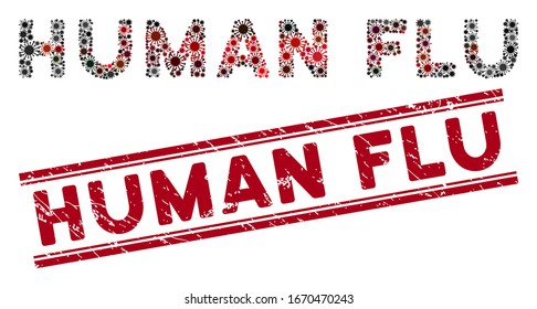 Human Flu stamp and coronavirus mosaic text. Red vector distress stamp with Human Flu title between parallel lines. Useful for rubber imitations with distress rubber texture.