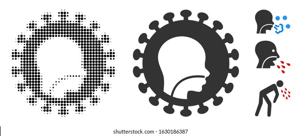 Human flu virus halftone vector icon and solid version. Illustration style is dotted iconic Human flu virus icon symbol on a white background. Halftone texture is round dots. Some bonus icons.