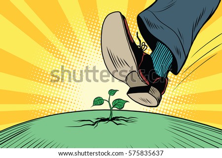 The human foot comes to green sprout, ecology and nature