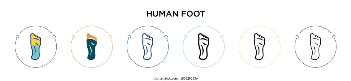 Icono del pie humano en el estilo relleno, delgado, contorno y trazo. Ilustración vectorial de dos diseños de iconos de los vectores de pies humanos de color y negro se puede utilizar para móviles, ui, web