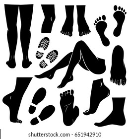 Human foot, leg, boots, footprints icon set. Vector art.