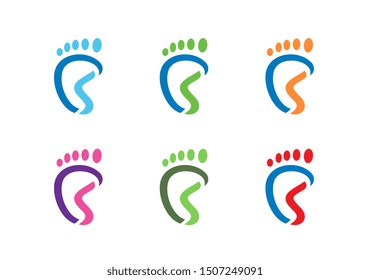 Human foot print logo set, foot medical care symbol, podiatry vector icon