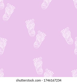 Human Foot print. Seamless pattern. Vector Illustration. White lined elements isolated on pink background. Zentangle and doodle style. 