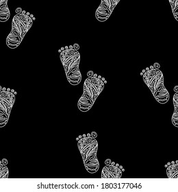 Human Foot print. Seamless pattern. Vector Illustration. White lined elements isolated on black background. Zentangle and doodle style