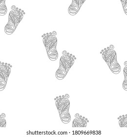 Human Foot print. Seamless pattern. Vector Illustration. Gray lined elements isolated on white background. Zentangle and doodle style