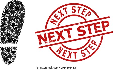 Human foot print star mosaic and grunge Next Step stamp. Red stamp with distress style and Next Step word inside circle. Abstract human foot print mosaic is composed with scattered flat star parts.