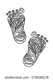 Human Foot print. Vector Illustration. Design element isolated on white background. Can be used as coloring book page. Zentangle and doodle style. 