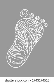 Human Foot print. Vector Illustration. Design element isolated on gray background. Zentangle and doodle style. 