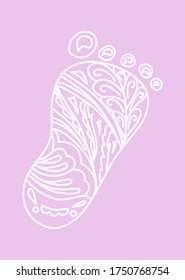Human Foot print. Vector Illustration. Design element isolated on light blue background. Zentangle and doodle style. Newborn girl concept.