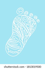 Human Foot print. Vector Illustration. Design element isolated on light blue background. Zentangle and doodle style. Newborn boy concept