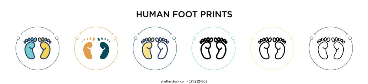 Icono de huellas humanas en el estilo relleno, delgado, contorno y trazo. Ilustración vectorial de dos impresiones de pie humano de color y negro se pueden utilizar para móviles, ui, web