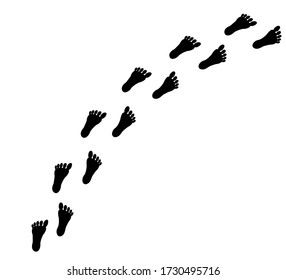 Human foot prints path with tag points. Traveler man boot steps tracking on route isolated on white background. Foot print brush. Vector art