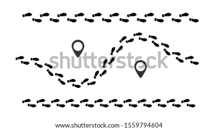 Human foot prints path with tag points. Traveler man boot steps tracking on route isolated on white background. Foot print brush