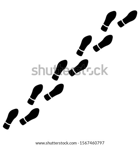 Human foot prints path with tag points. Traveler man boot steps tracking on route isolated on white background. Foot print brush
