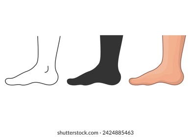 Human foot in profile. Outline line icon set of man's foot. Black silhouette illustration of leg, body part. Flat isolated vector