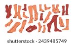 Human foot set. Bare feet, barefoot legs, naked heels, toes, ankles, front and back view, in relaxing, standing, stepping, walking stances, poses. Vector illustrations isolated on white background